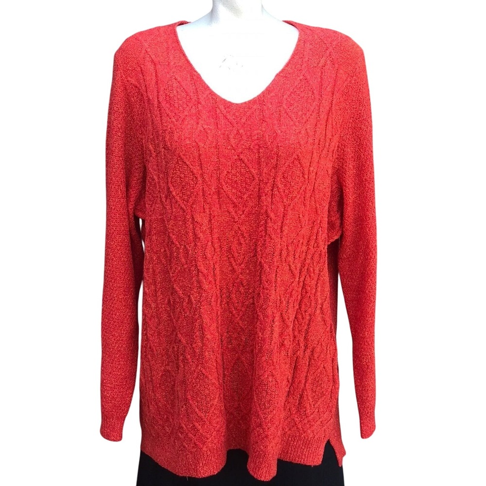 Allison Daley Women Plus 2X Orange Cable Knit V-Neck Sweater Long Sleeve